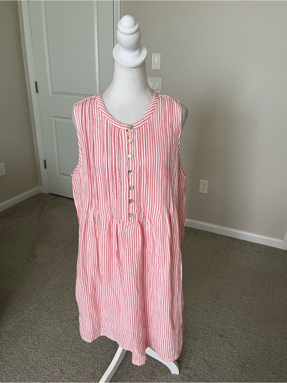 NWOT Quince 100% Organic Cotton Pink White Striped Sleeveless Swing Dress Size L